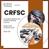 Marketing banner for Canadian Restricted Firearms Safety Course (CRFSC) featuring company logo "On Point Training", course title, and two circular images showing a handgun grip demonstration and an array of restricted firearms on a wooden surface. Brown and white color scheme with minimalist geometric design elements. Text indicates "Restricted endorsement" and "Ages 18+" requirements.